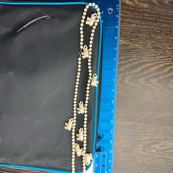 Vintage Carved Bead Rose Elephant Charm Necklace Ivory Tone Boho Safari Jewelry - Picture 2 of 8